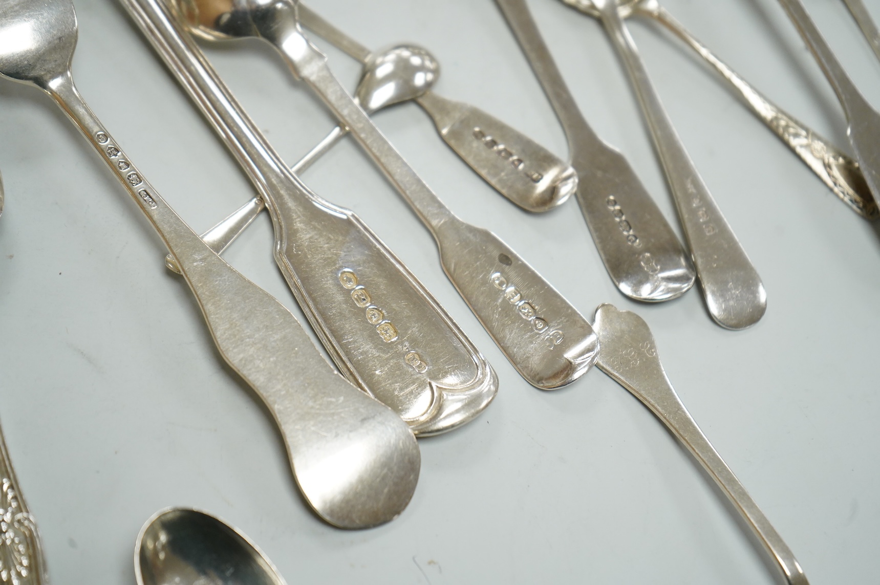 A collection of assorted Victorian and later silver flatware, various patterns, dates and makers, 17.2oz.
